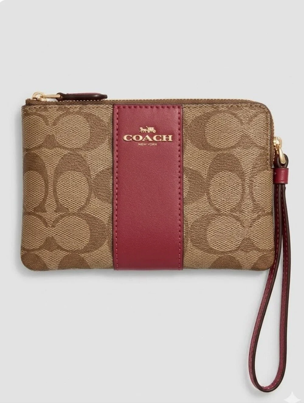 Coach Corner Zip Wristlet In Khaki Signature Coated Canvas With Red Accent
